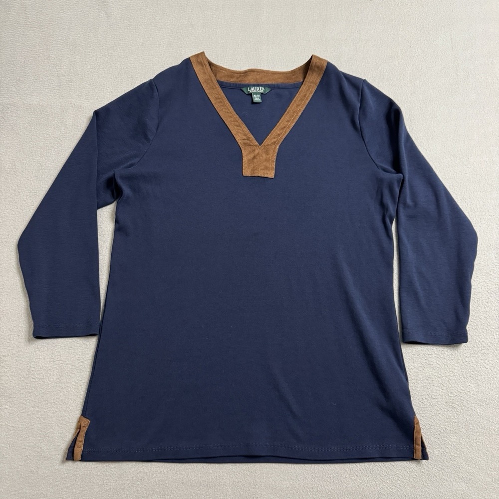 Lauren Ralph Lauren Tunic Top Womens XL Blue Faux Knit Faux Trim Equestrian